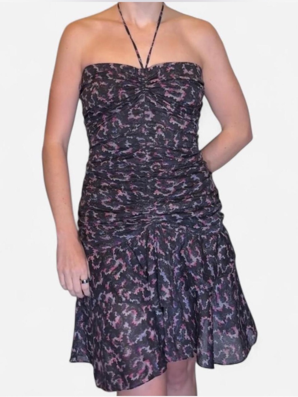 Halter Tie Neck Black and Pink Patterned Cocktail Dress